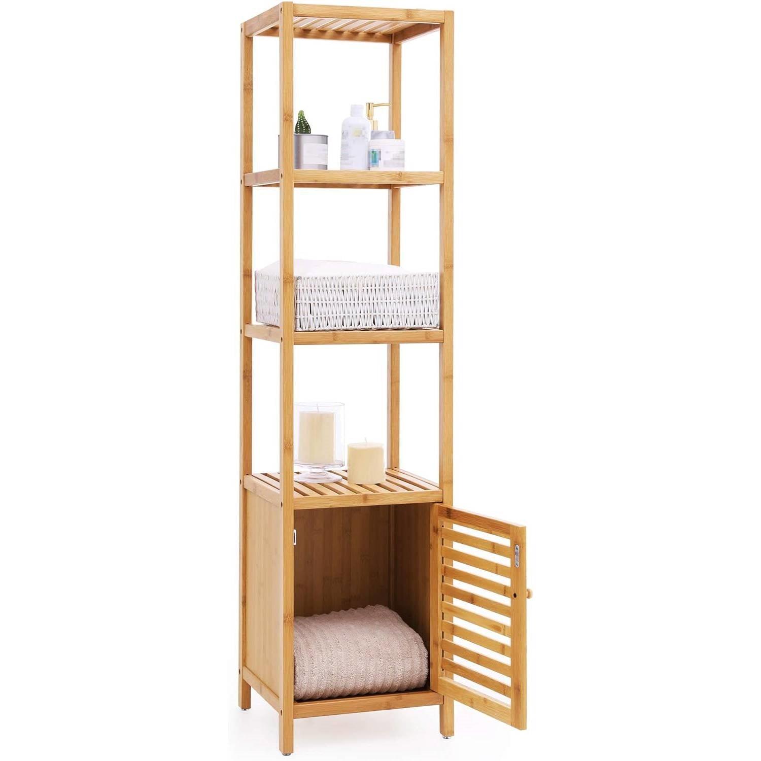 Slim 3-Shelf Bamboo Wood Bookcase Shelving Unit with Bottom Storage Cabinet - PRHOMZ