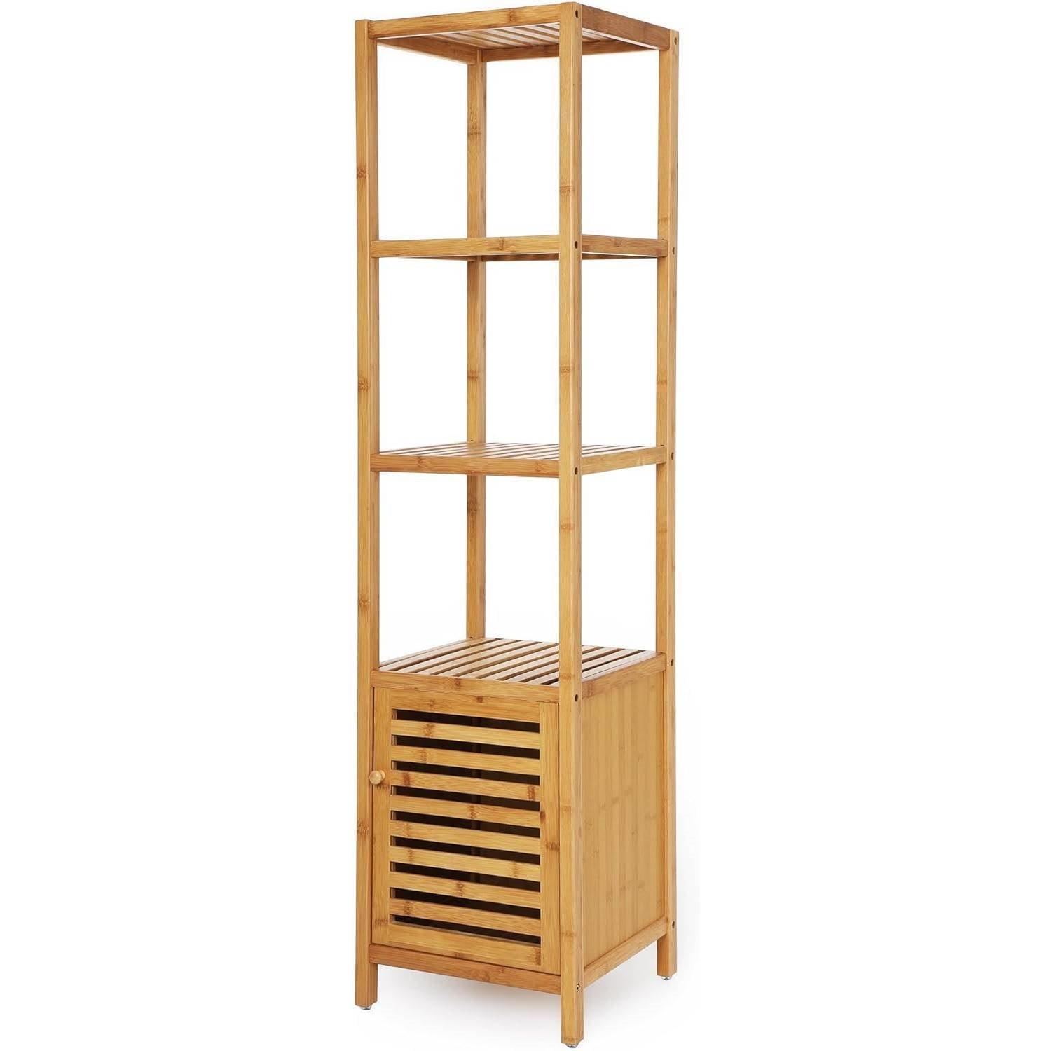 Slim 3-Shelf Bamboo Wood Bookcase Shelving Unit with Bottom Storage Cabinet - PRHOMZ