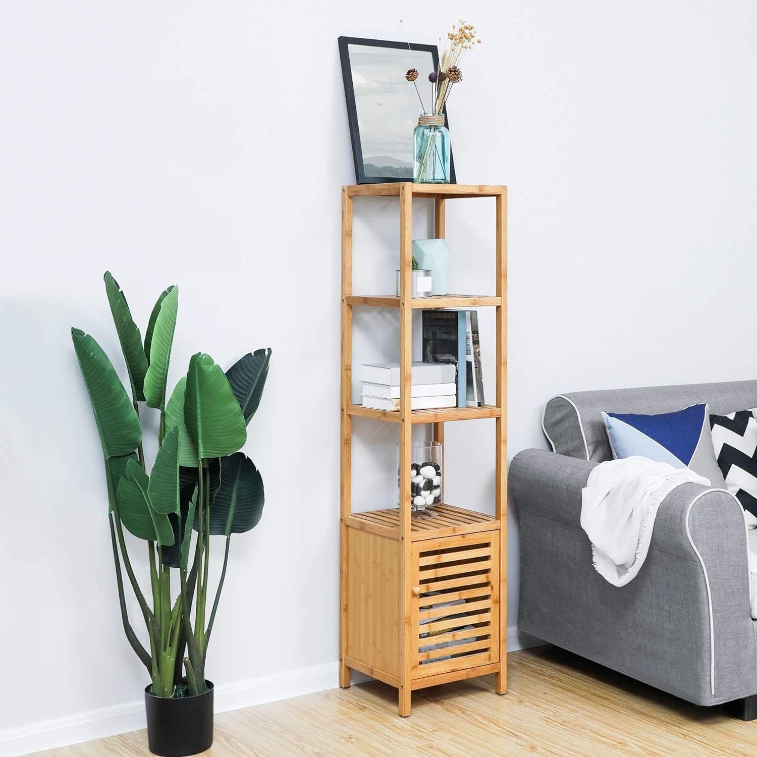 Slim 3-Shelf Bamboo Wood Bookcase Shelving Unit with Bottom Storage Cabinet - PRHOMZ