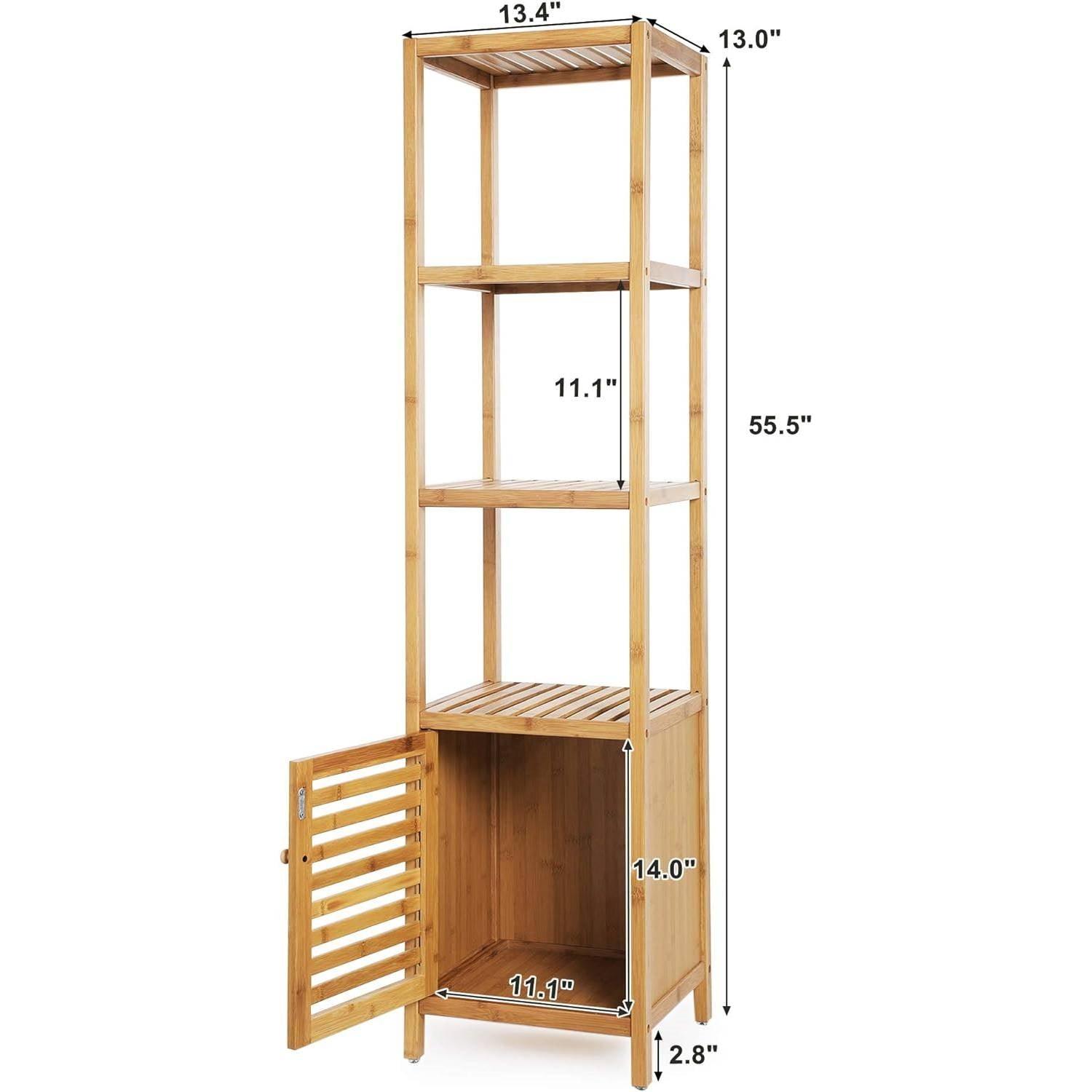 Slim 3-Shelf Bamboo Wood Bookcase Shelving Unit with Bottom Storage Cabinet - PRHOMZ