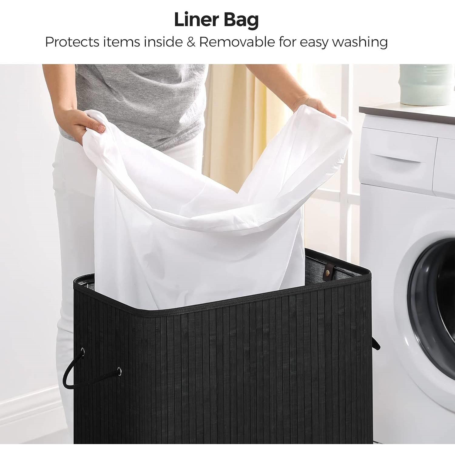 Black Bamboo Wood 26-Gal Laundry Hamper Basket w/ Removable Washable Cotton Bag - PRHOMZ