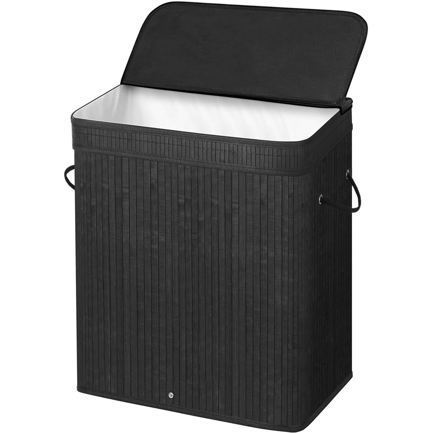 Black Bamboo Wood 26-Gal Laundry Hamper Basket w/ Removable Washable Cotton Bag - PRHOMZ