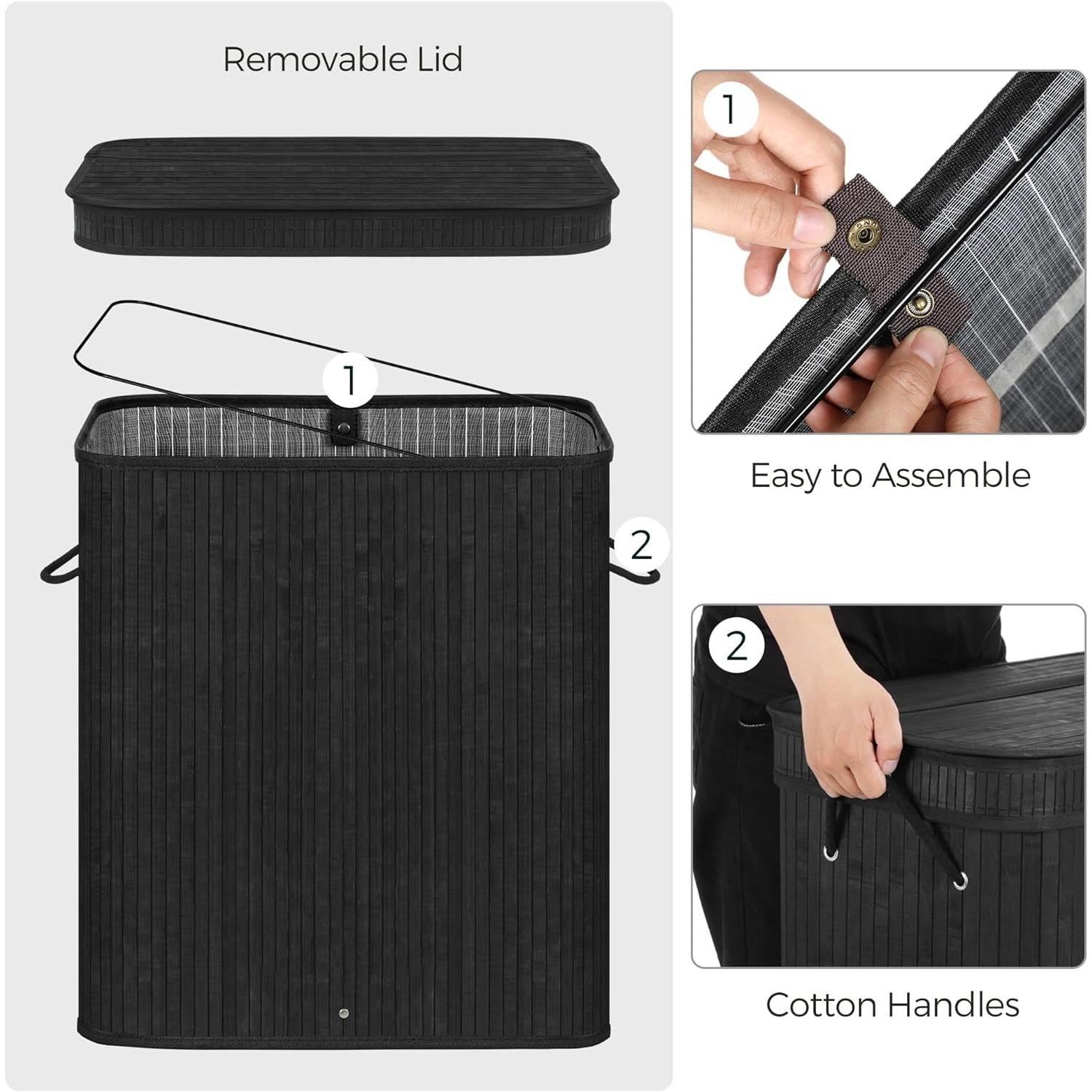 Black Bamboo Wood 26-Gal Laundry Hamper Basket w/ Removable Washable Cotton Bag - PRHOMZ