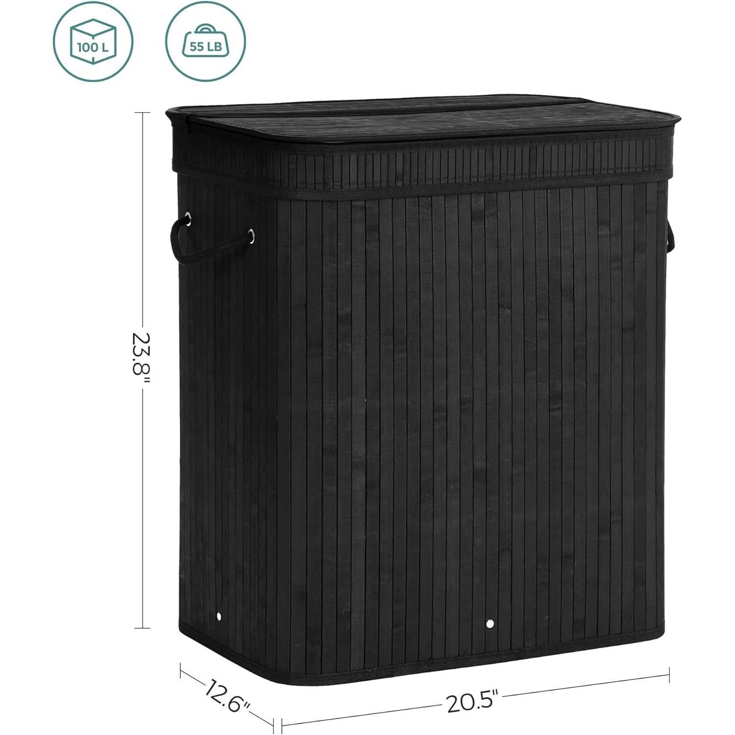 Black Bamboo Wood 26-Gal Laundry Hamper Basket w/ Removable Washable Cotton Bag - PRHOMZ