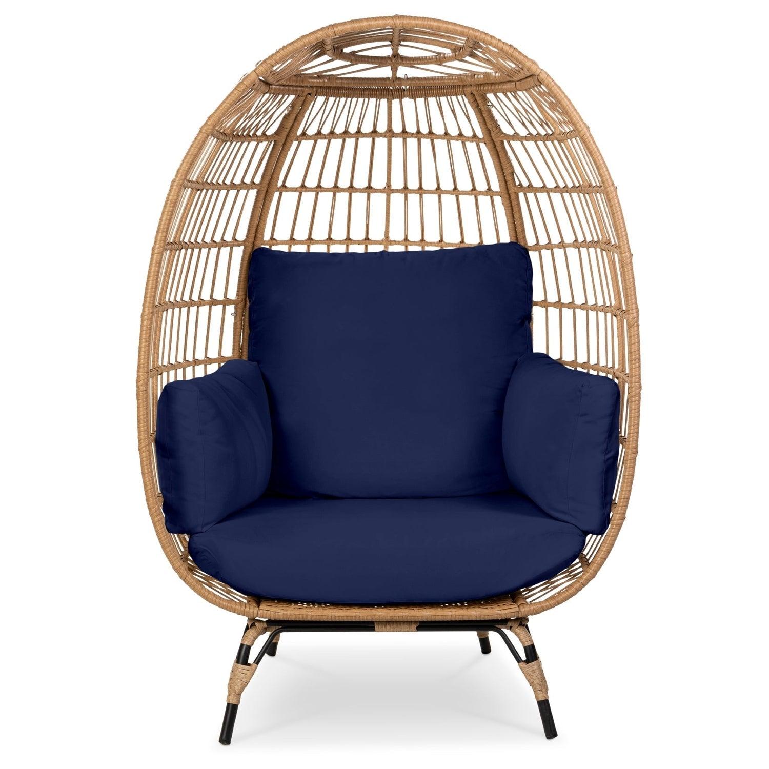 Oversized Patio Lounger Indoor/Outdoor Wicker Rattan Egg Chair Dark Blue - PRHOMZ