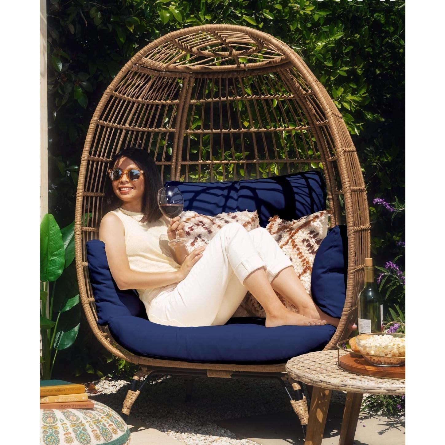 Oversized Patio Lounger Indoor/Outdoor Wicker Rattan Egg Chair Dark Blue - PRHOMZ