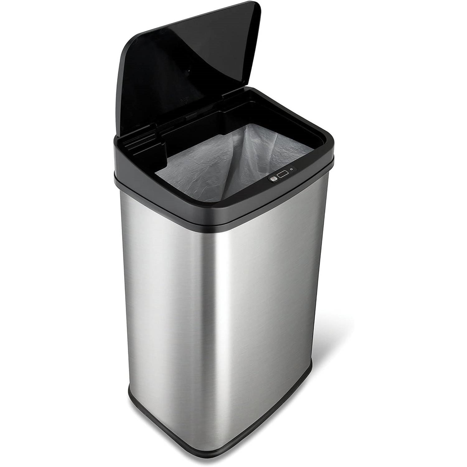 Silver/Black 13-Gallon Stainless Steel Kitchen Trash Can – Motion Sensor Lid - PRHOMZ