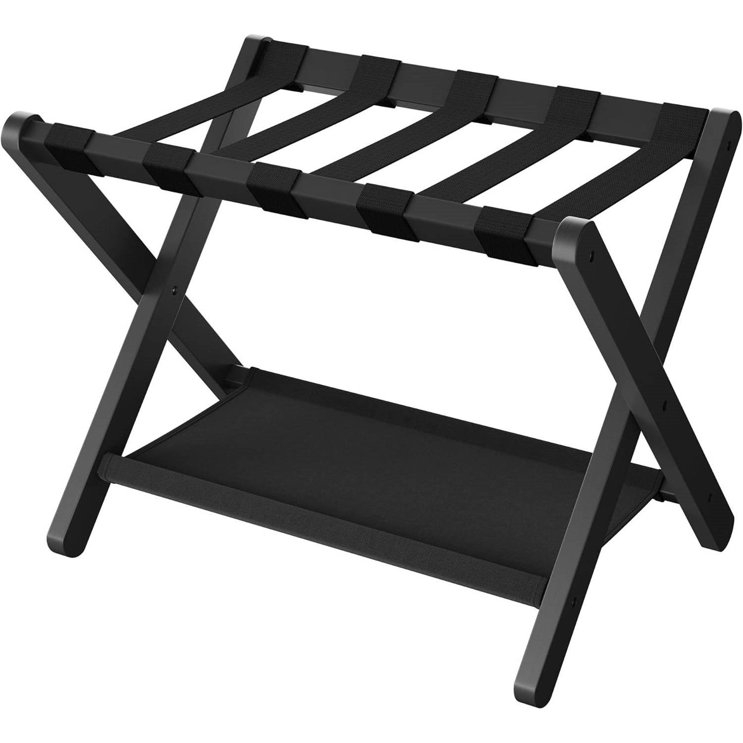 Sturdy Bamboo Luggage Rack in Black Wood Finish with Lower Storage Shelf - PRHOMZ