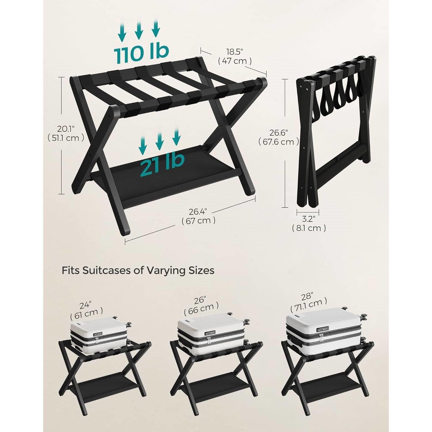 Sturdy Bamboo Luggage Rack in Black Wood Finish with Lower Storage Shelf - PRHOMZ