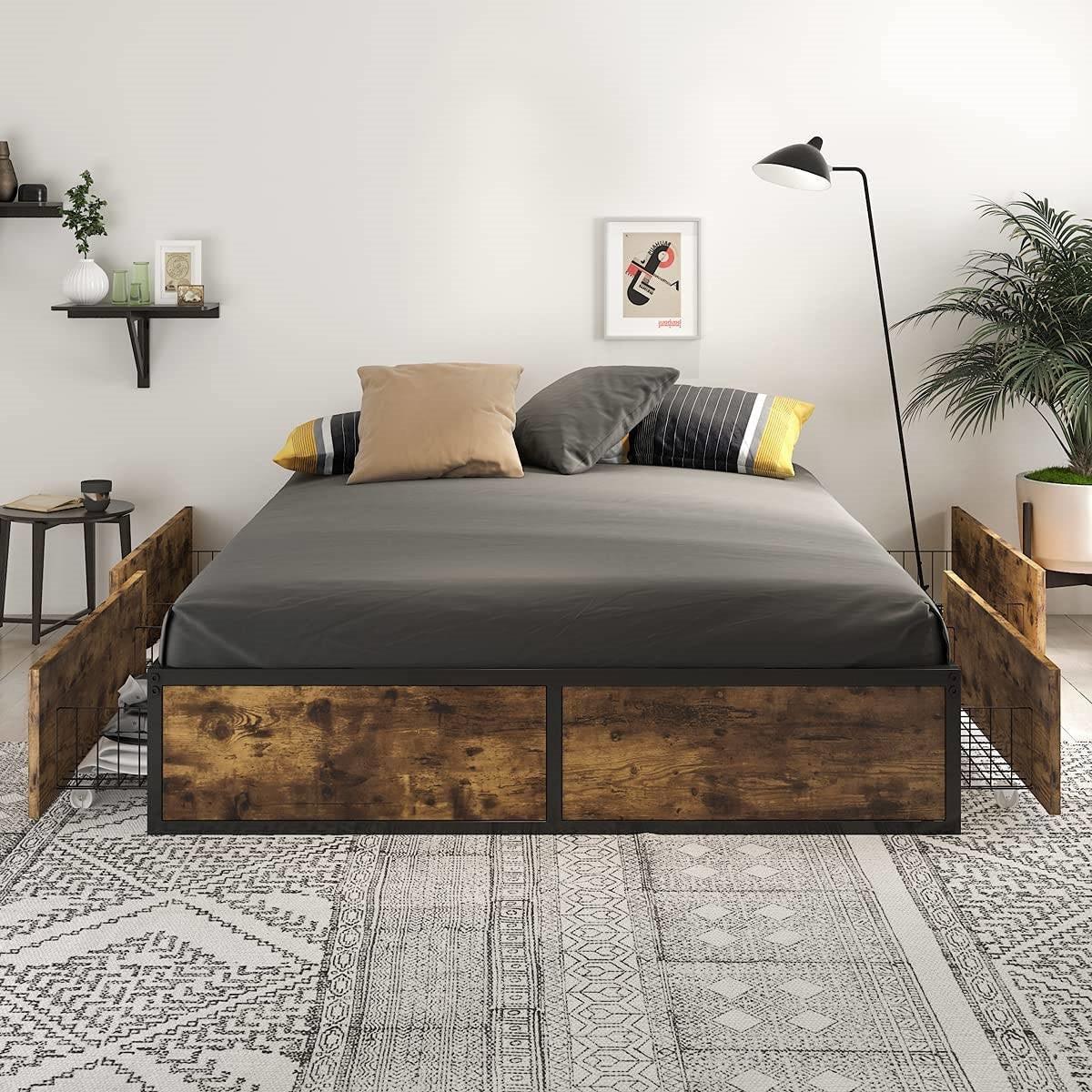 Queen Metal Wood Platform Bed Frame with 4 Storage Drawers - 800 lbs Max Weight - PRHOMZ