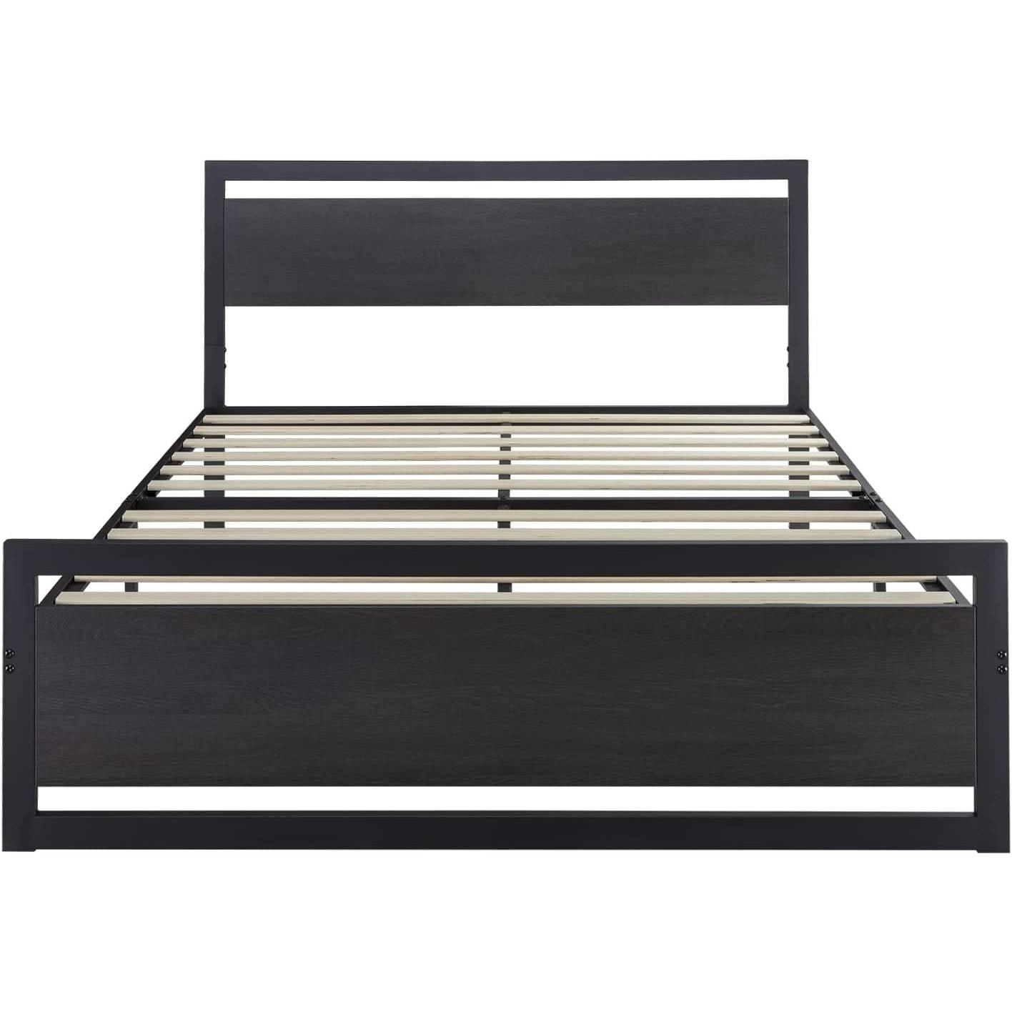 Full Black Metal Platform Bed Frame with Wood Panel Headboard and Footboard - PRHOMZ
