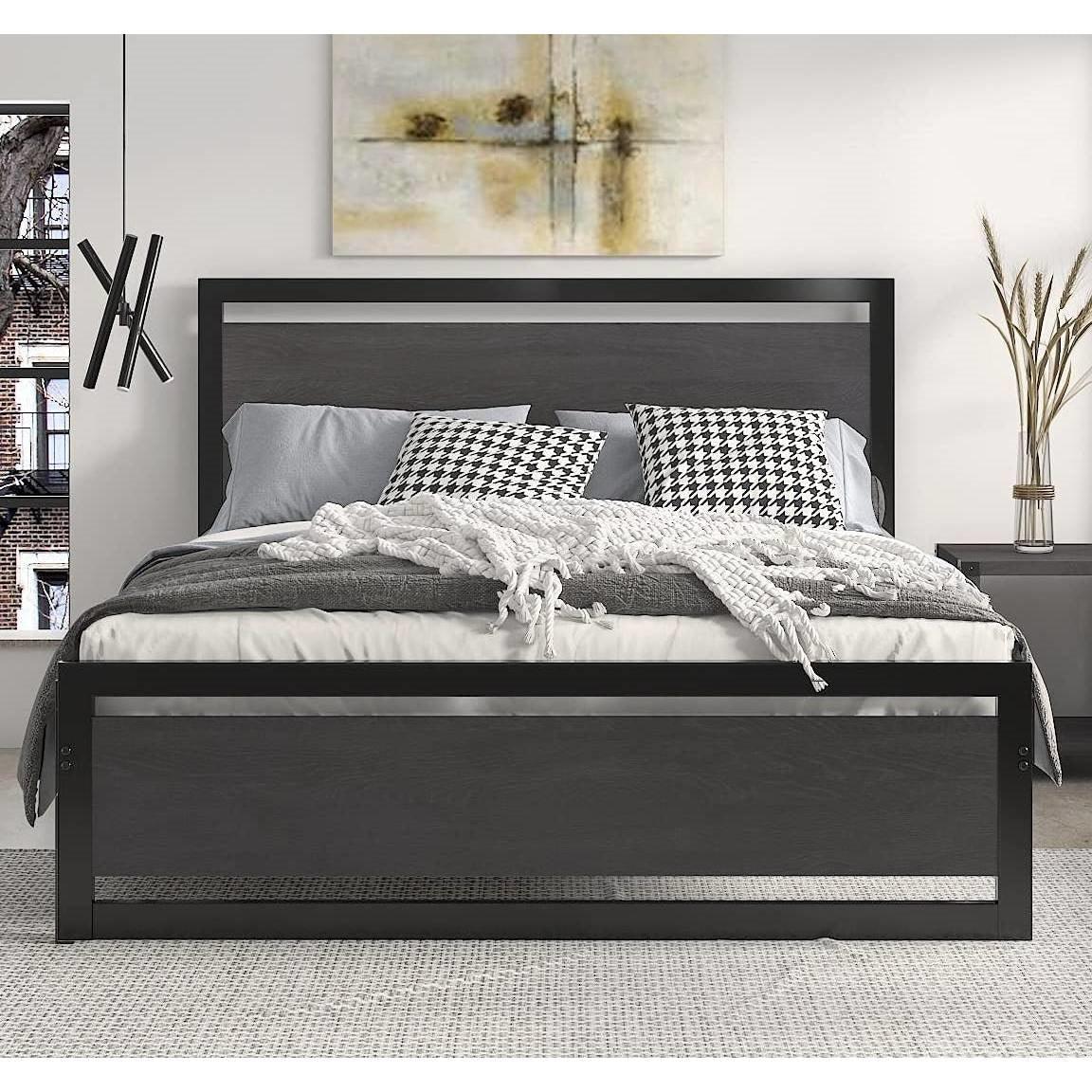 Full Black Metal Platform Bed Frame with Wood Panel Headboard and Footboard - PRHOMZ