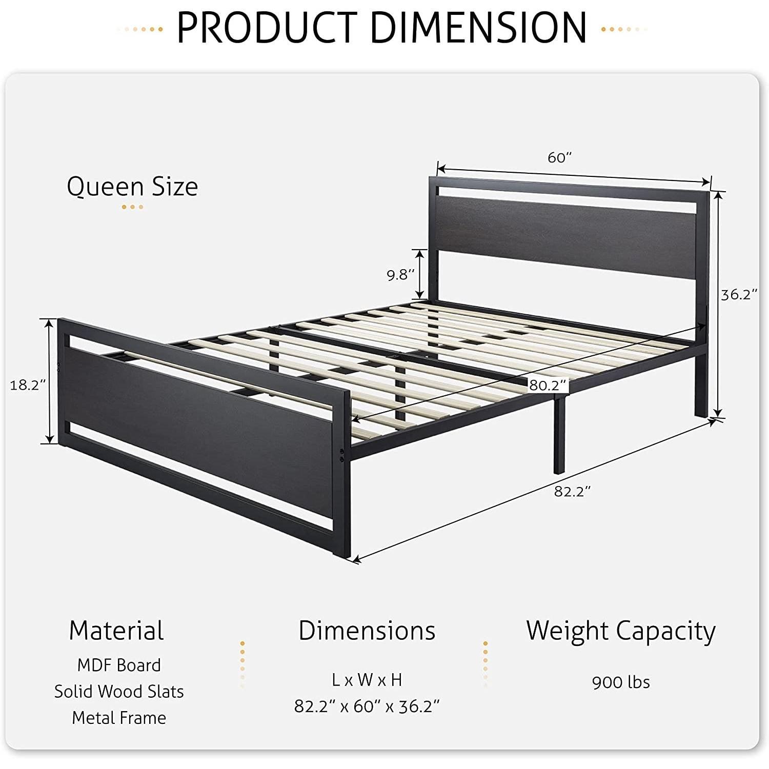 Full Black Metal Platform Bed Frame with Wood Panel Headboard and Footboard - PRHOMZ