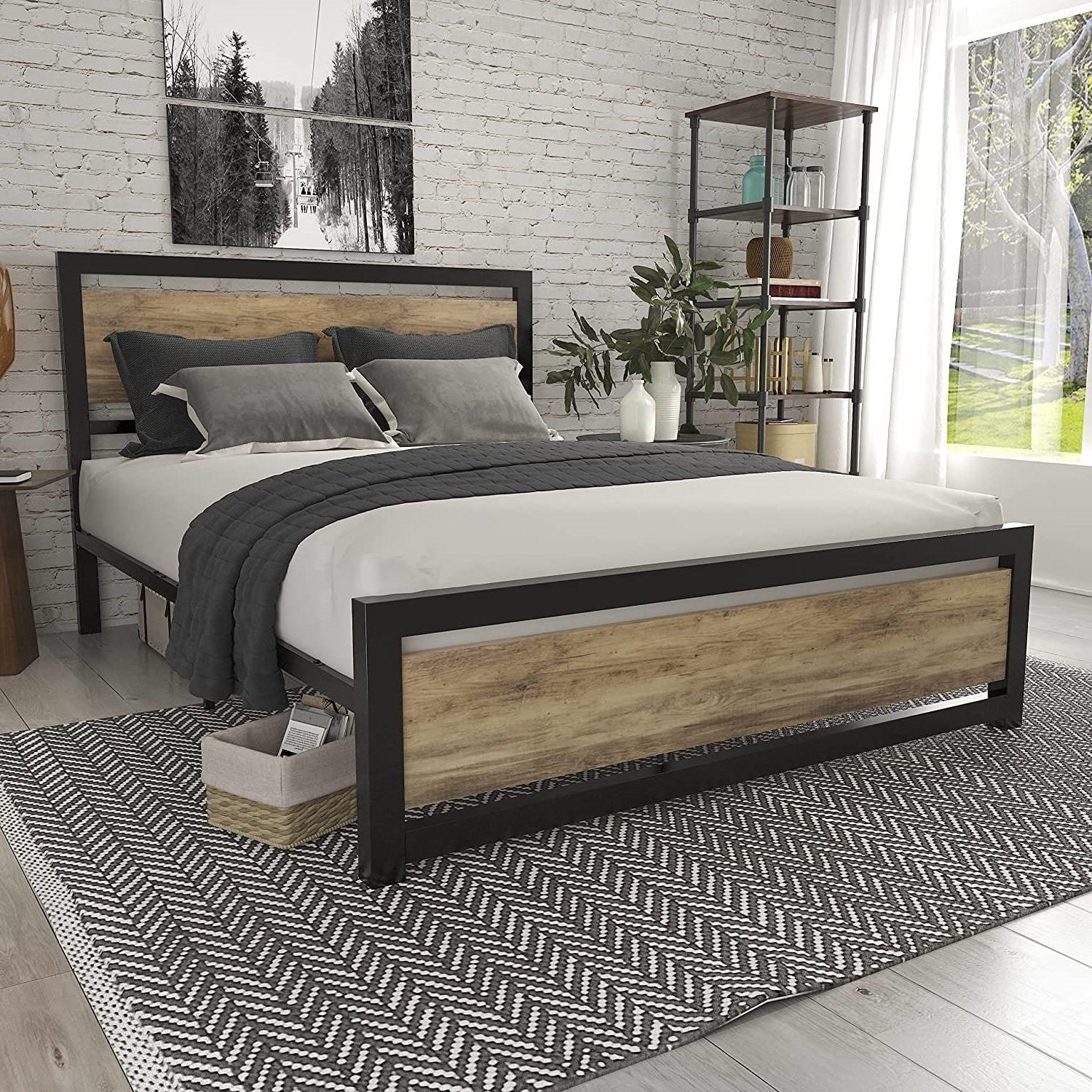 Full Metal Platform Bed Frame with Brown Wood Panel Headboard and Footboard - PRHOMZ