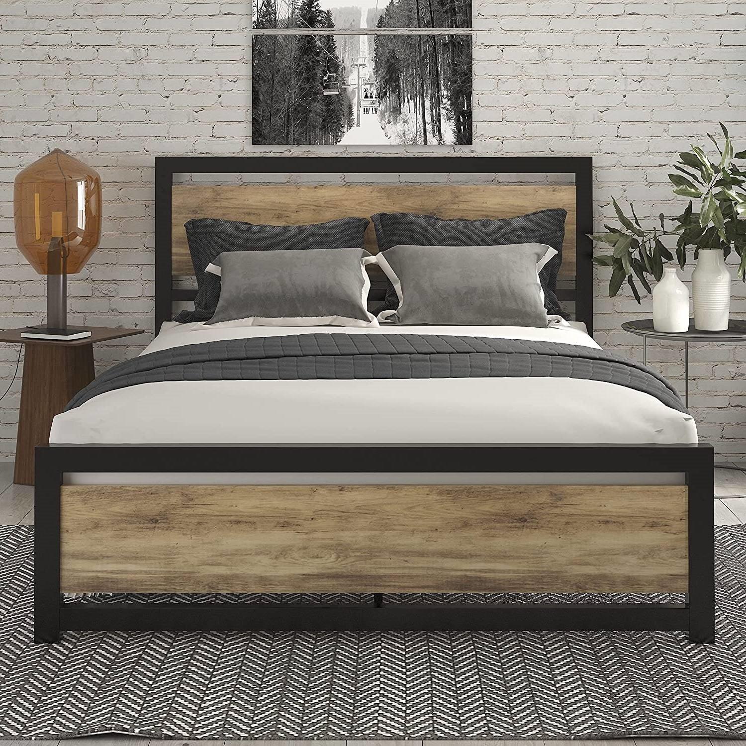 Queen Metal Platform Bed Frame with Brown Wood Panel Headboard and Footboard - PRHOMZ