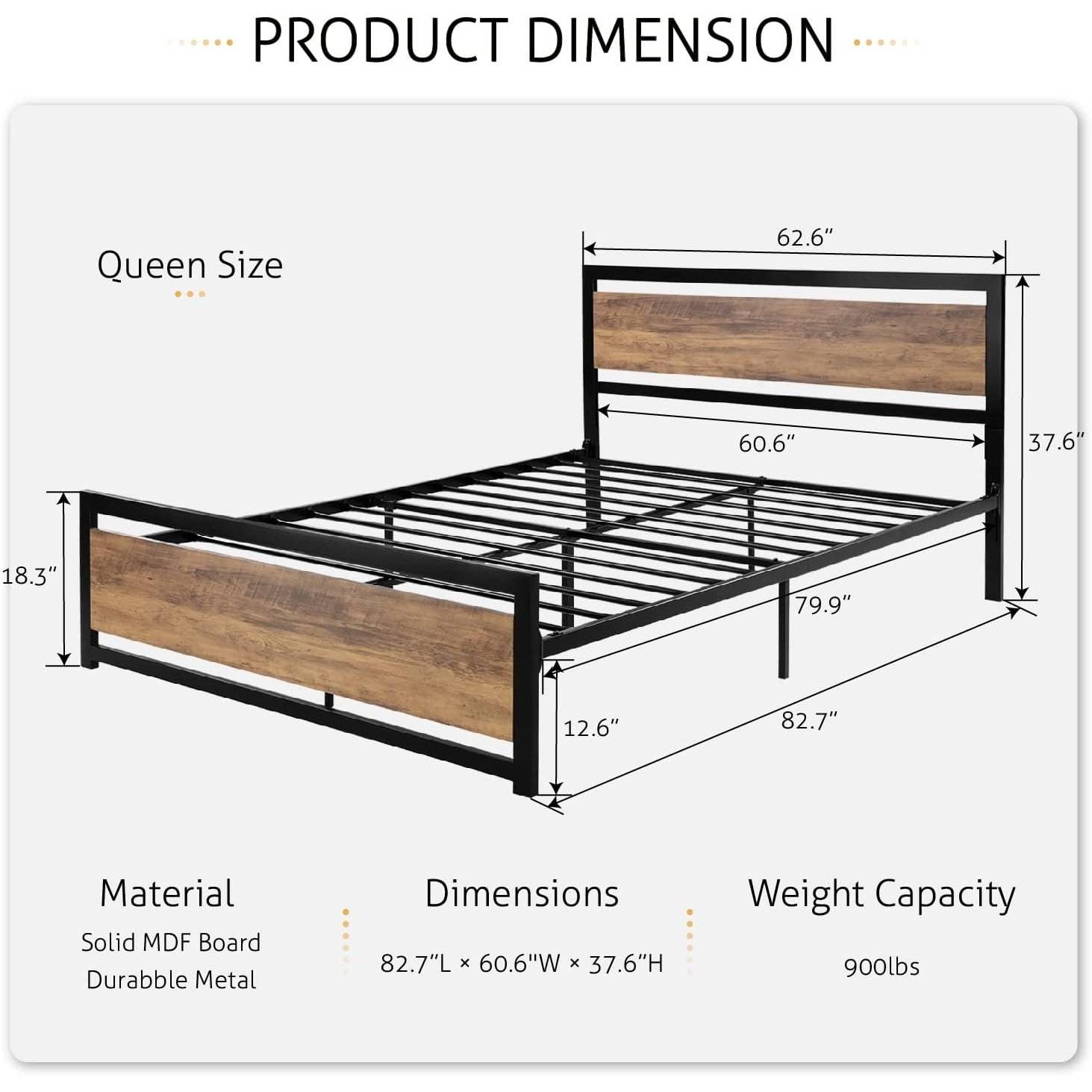 Queen Metal Platform Bed Frame with Brown Wood Panel Headboard and Footboard - PRHOMZ