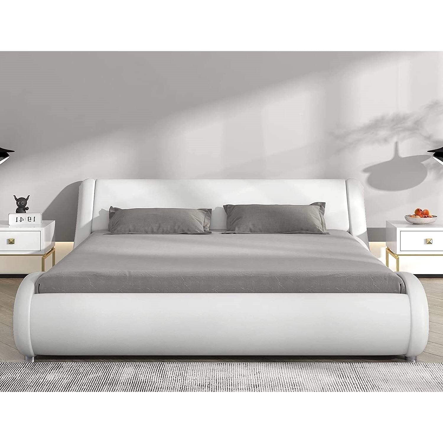 Queen Modern White Faux Leather Upholstered Platform Bed Frame with Headboard - PRHOMZ