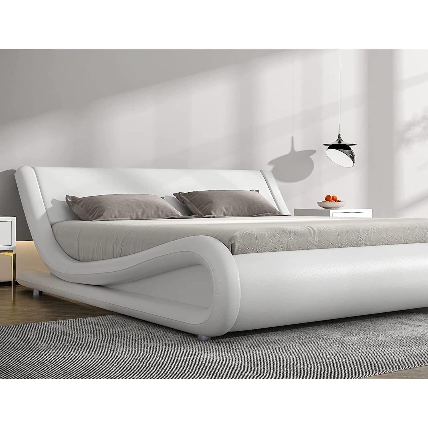 Queen Modern White Faux Leather Upholstered Platform Bed Frame with Headboard - PRHOMZ