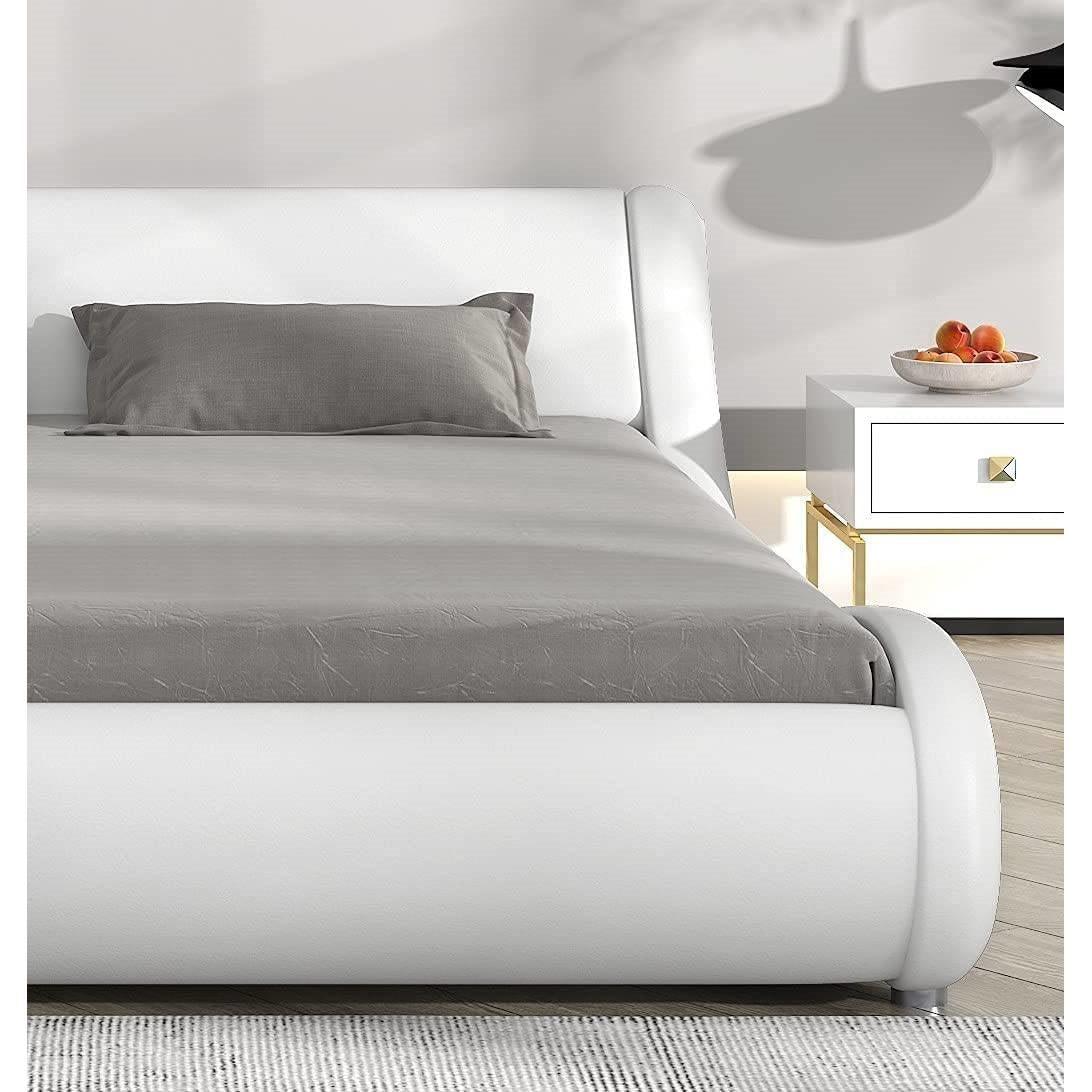 Queen Modern White Faux Leather Upholstered Platform Bed Frame with Headboard - PRHOMZ