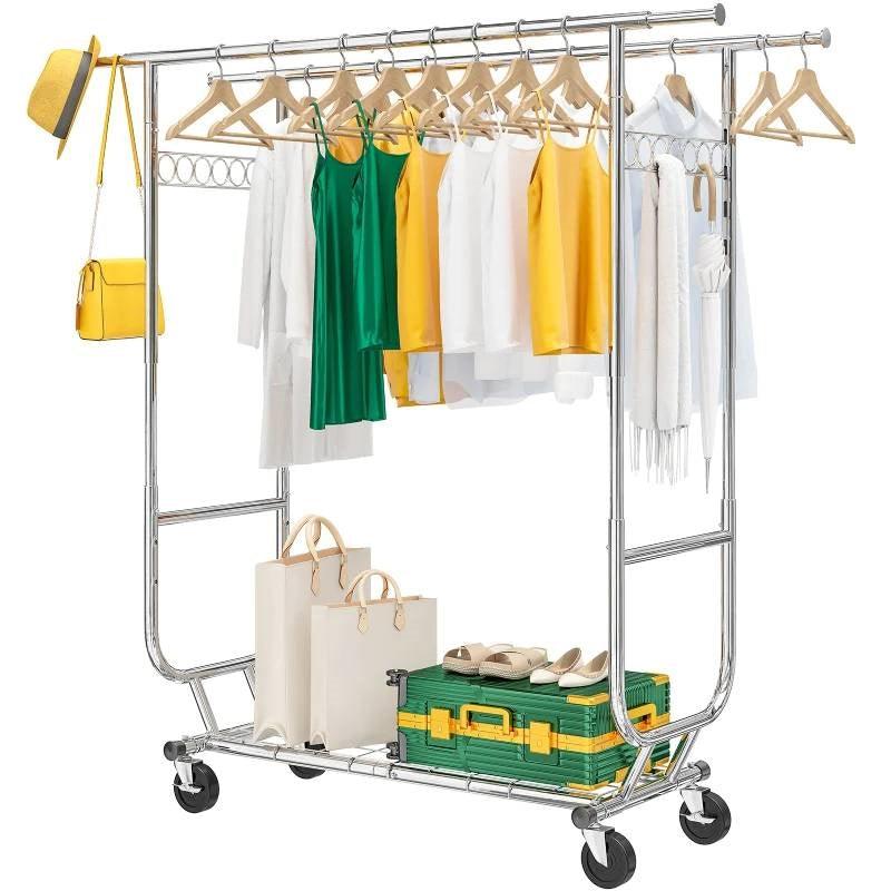 Heavy Duty Double Bar Clothes Garment Rack on Wheels - 600 lbs Capacity - PRHOMZ