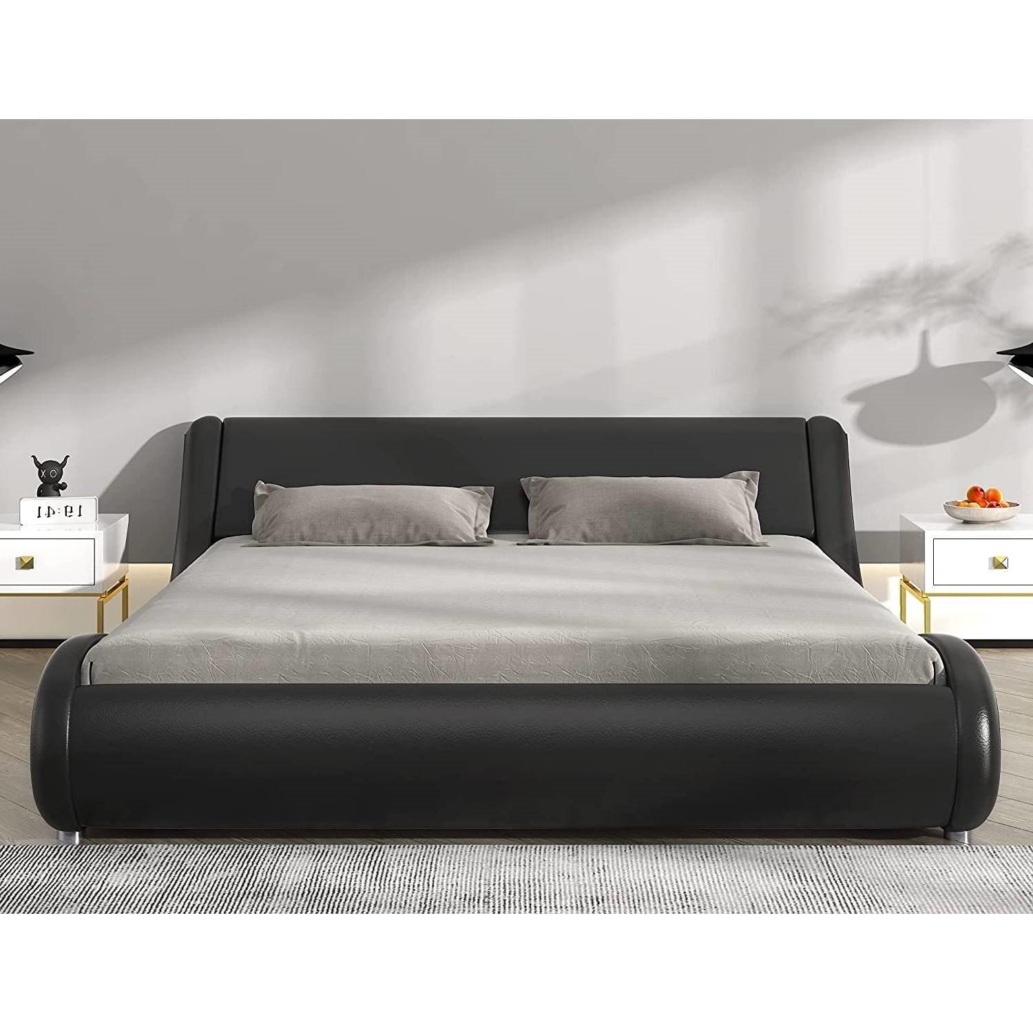 Queen Modern Black Faux Leather Upholstered Platform Bed Frame with Headboard - PRHOMZ