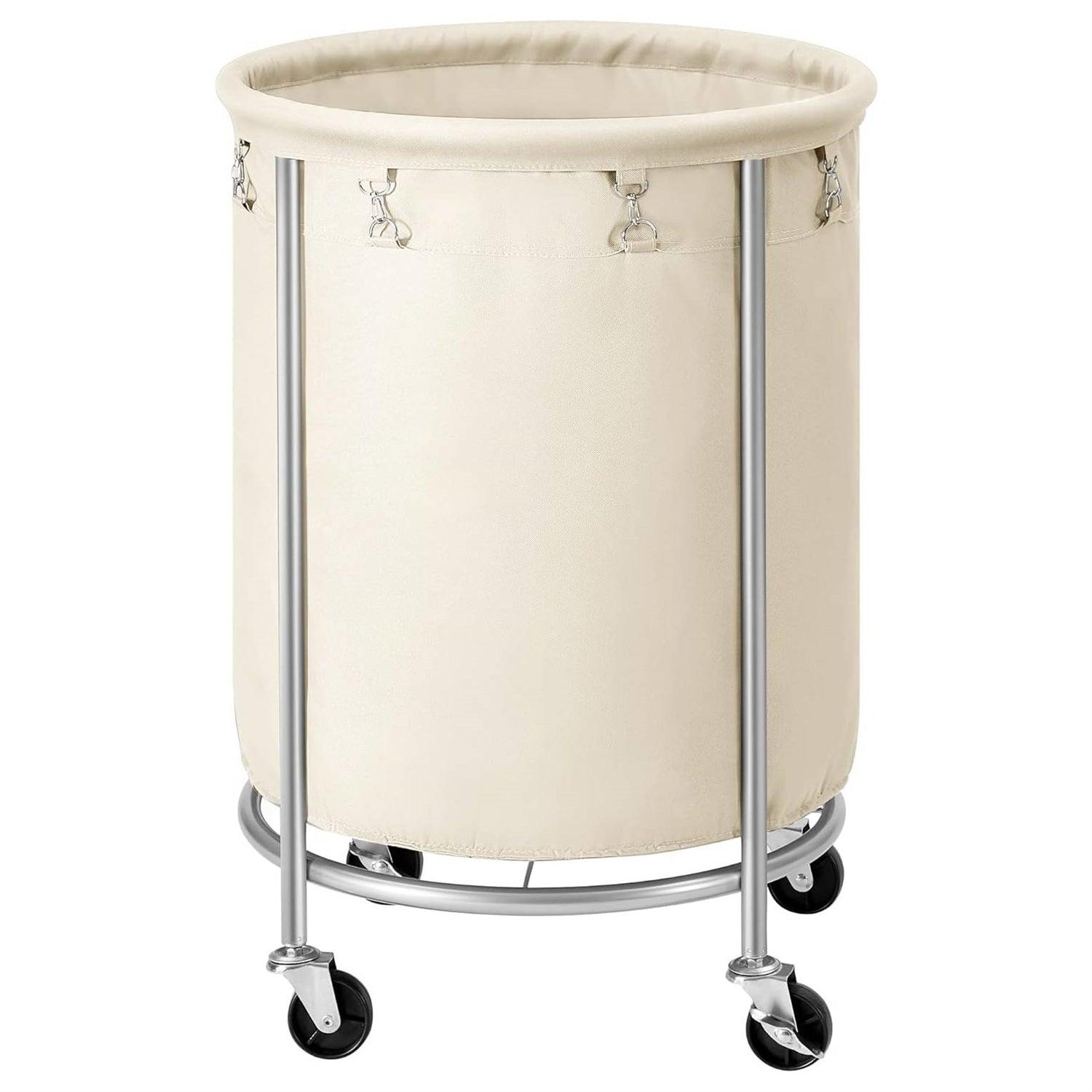 Round 45-Gallon Laundry Basket Hamper w/ Cream Fabric Bag Steel Frame on Wheels - PRHOMZ