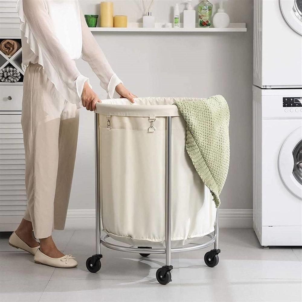 Round 45-Gallon Laundry Basket Hamper w/ Cream Fabric Bag Steel Frame on Wheels - PRHOMZ