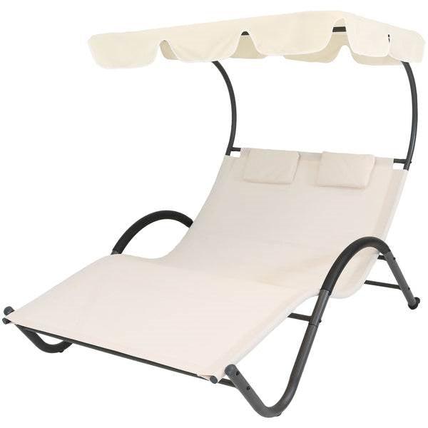 2 Person Off White Outdoor Patio Chaise Lounger Chair Canopy Bed with Pillows - PRHOMZ