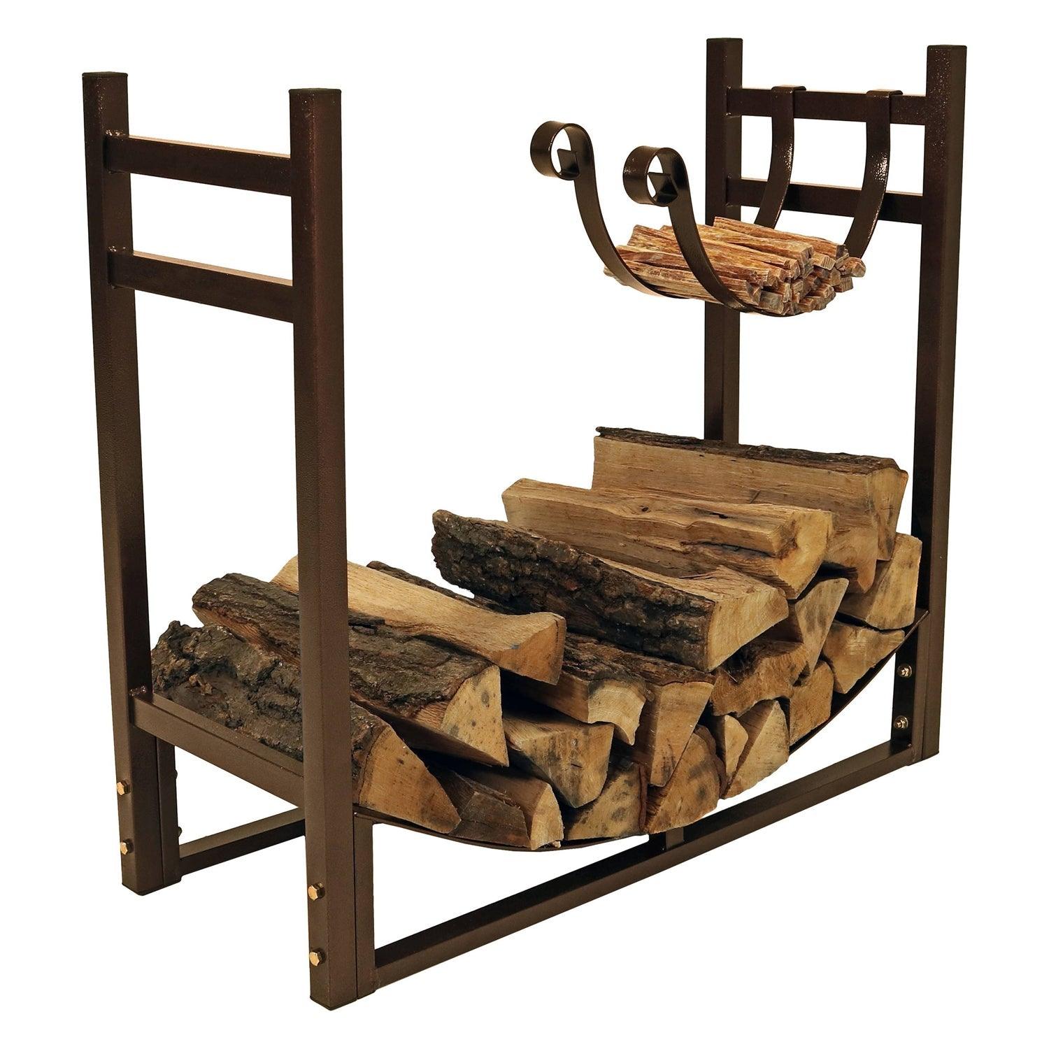 Bronze Metal Indoor/Outdoor Firewood Log Rack with Removeable Kindle Holder - PRHOMZ