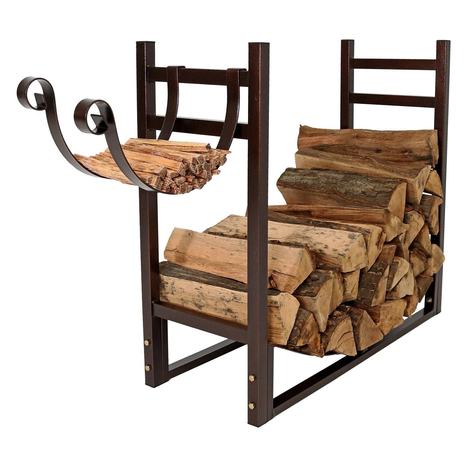 Bronze Metal Indoor/Outdoor Firewood Log Rack with Removeable Kindle Holder - PRHOMZ