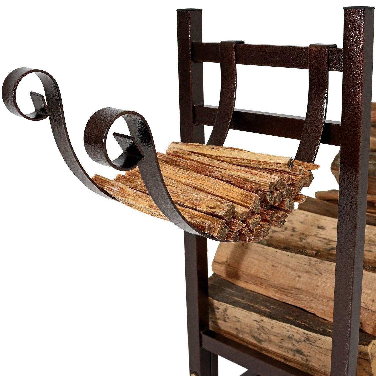 Bronze Metal Indoor/Outdoor Firewood Log Rack with Removeable Kindle Holder - PRHOMZ