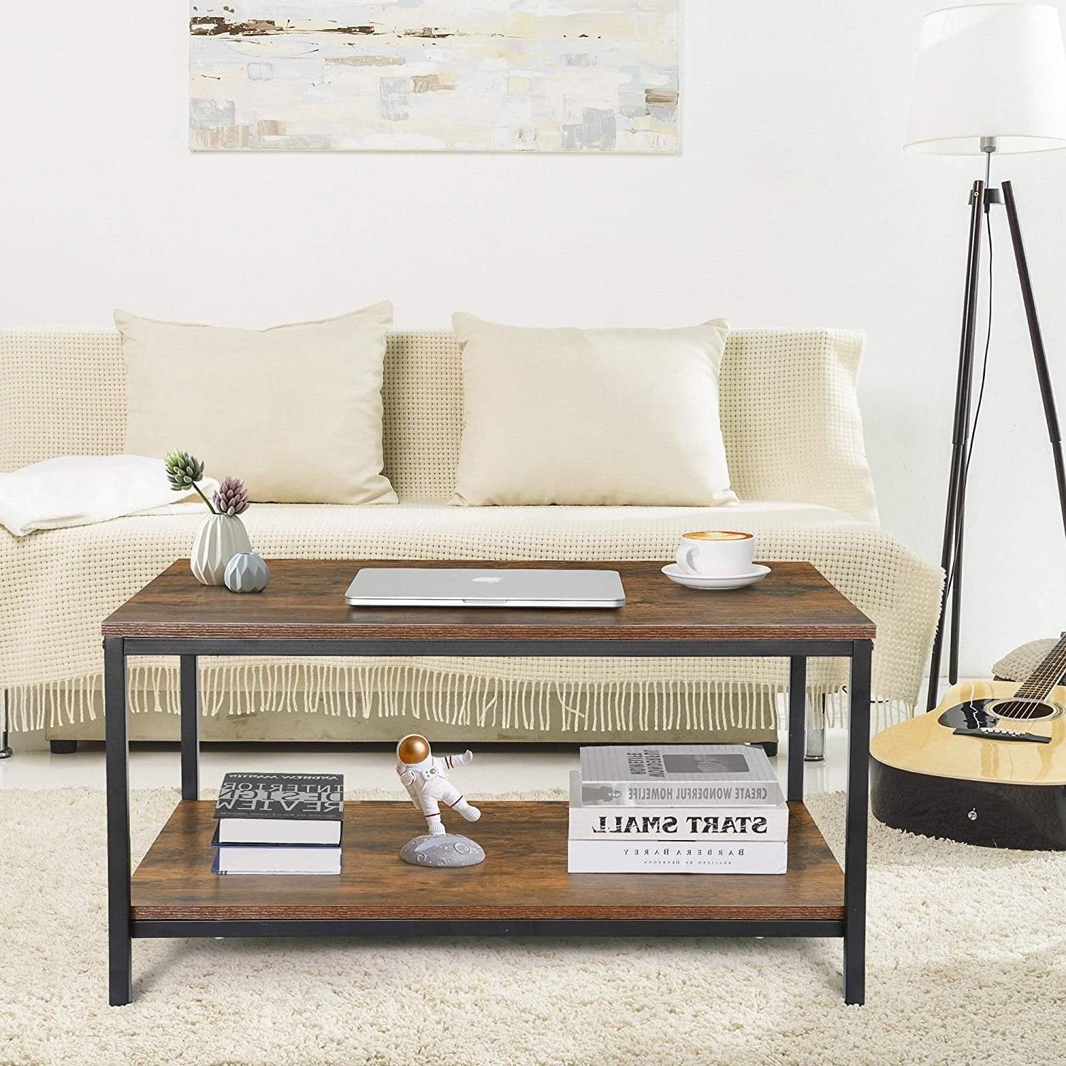Heavy Duty Industrial 2-Tier Coffee Table in Rustic Brown Wood Finish-2