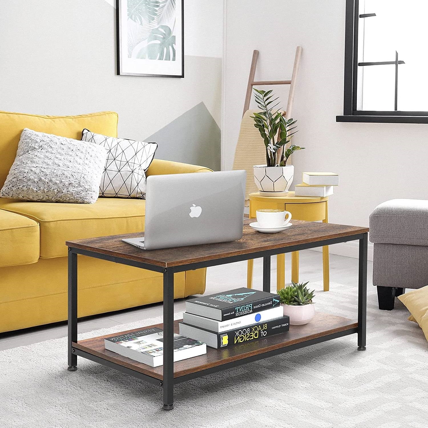 Heavy Duty Industrial 2-Tier Coffee Table in Rustic Brown Wood Finish-3