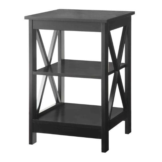 Black Wood X-Design End Table Nightstand with 3 Open Shelves - PRHOMZ
