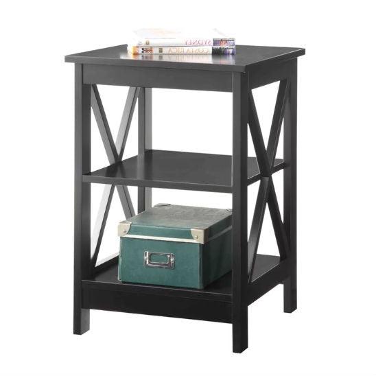 Black Wood X-Design End Table Nightstand with 3 Open Shelves - PRHOMZ