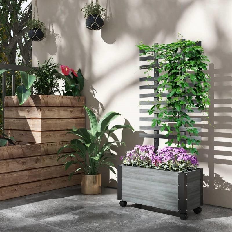 Modern Farmhouse Grey Wood Raised Garden Bed Planter on Wheels with Trellis - PRHOMZ