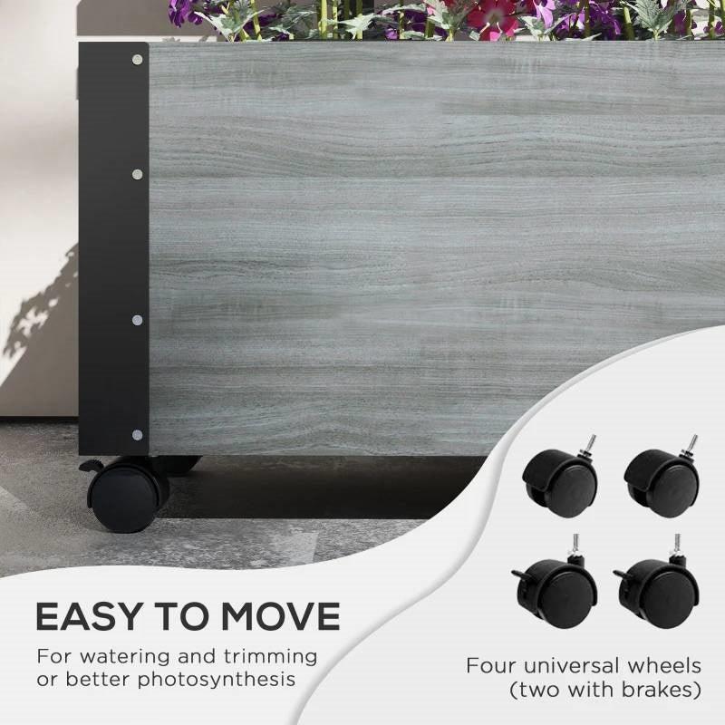 Modern Farmhouse Grey Wood Raised Garden Bed Planter on Wheels with Trellis - PRHOMZ