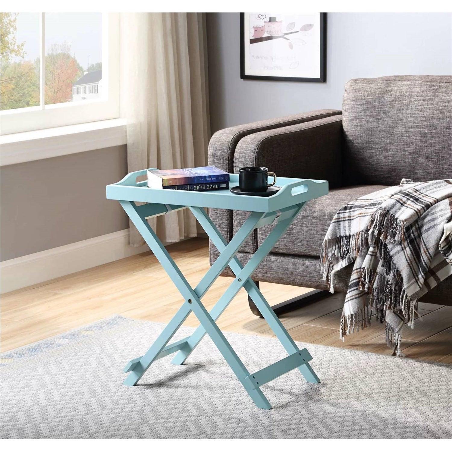 Folding TV Tray Bedside Table in Light Blue Teal Turquoise Seafoam Wood Finish - PRHOMZ