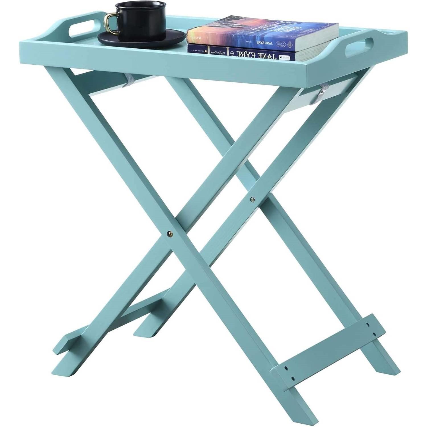 Folding TV Tray Bedside Table in Light Blue Teal Turquoise Seafoam Wood Finish - PRHOMZ