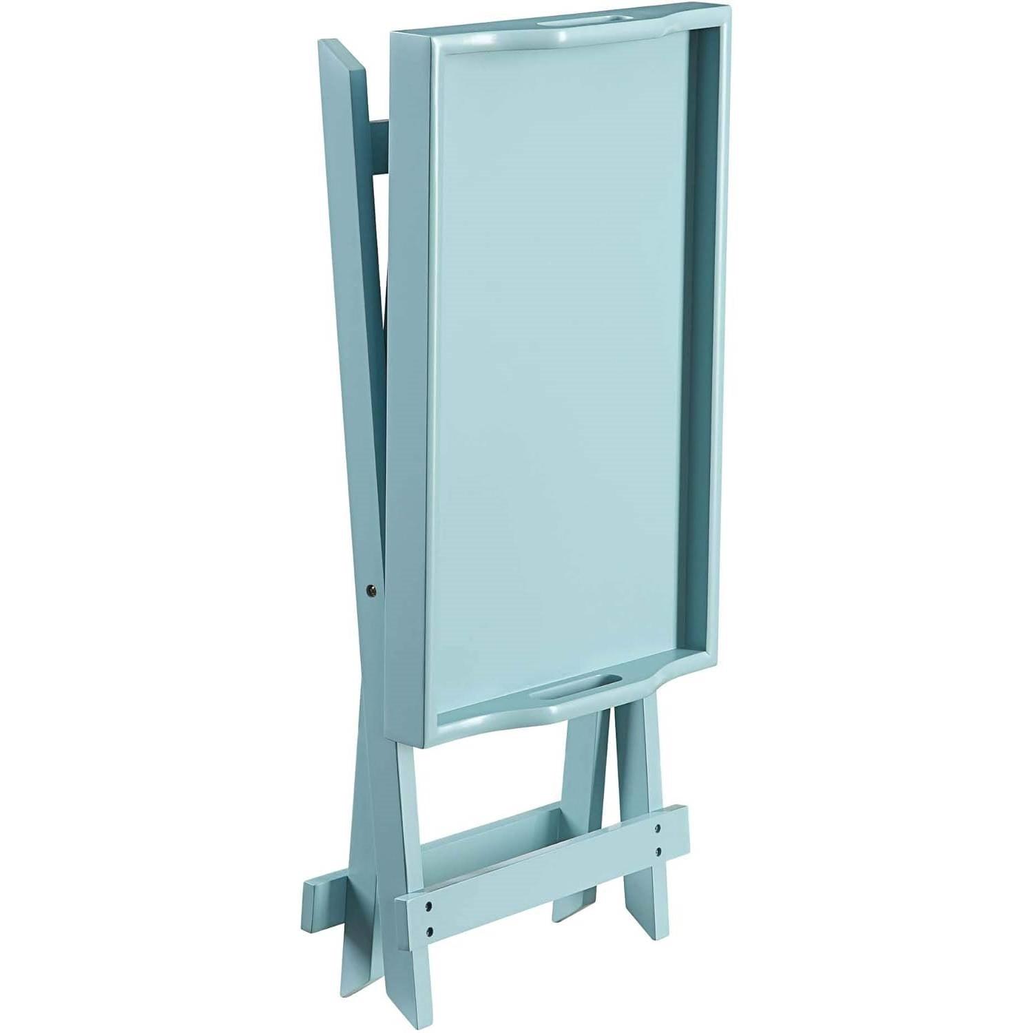 Folding TV Tray Bedside Table in Light Blue Teal Turquoise Seafoam Wood Finish - PRHOMZ