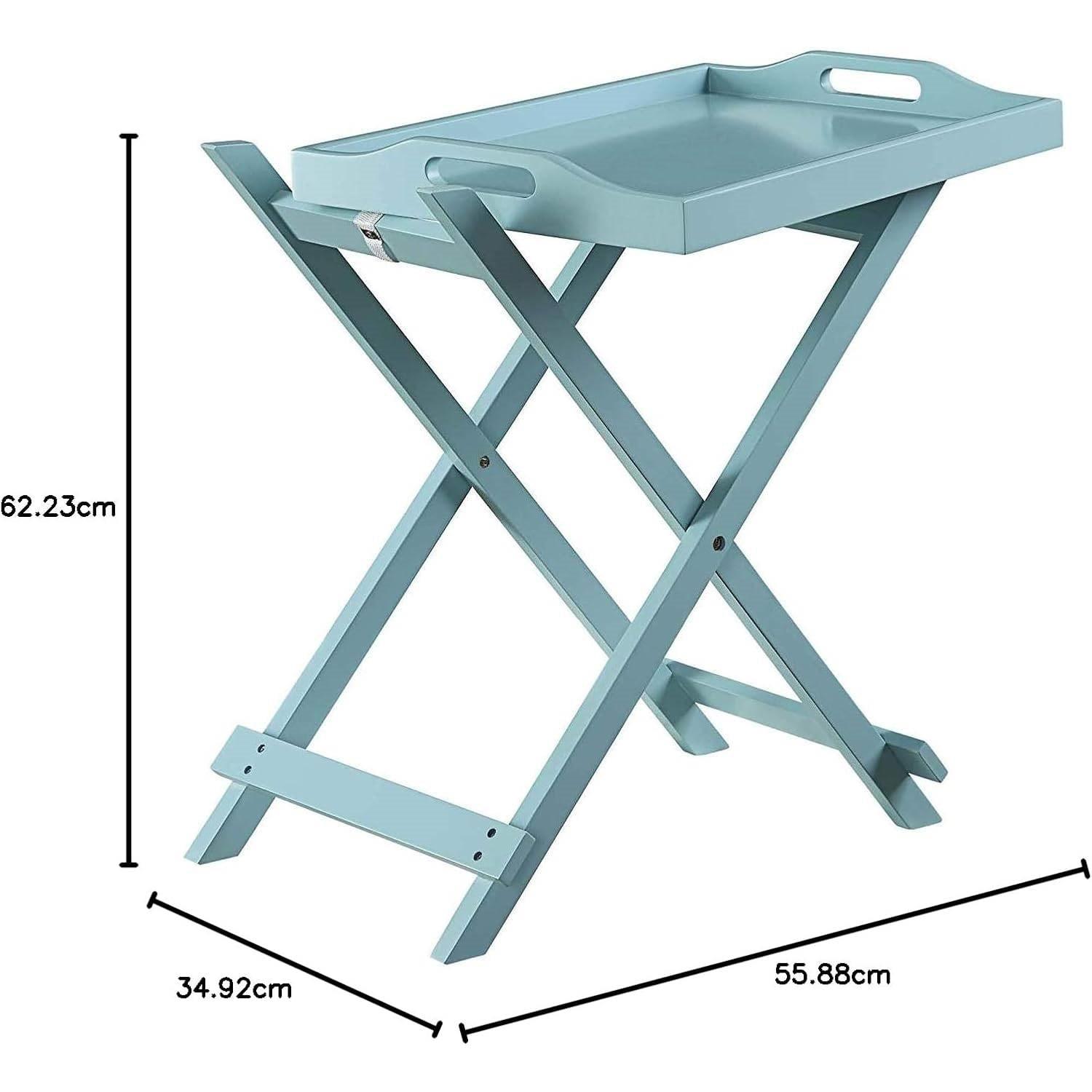 Folding TV Tray Bedside Table in Light Blue Teal Turquoise Seafoam Wood Finish - PRHOMZ