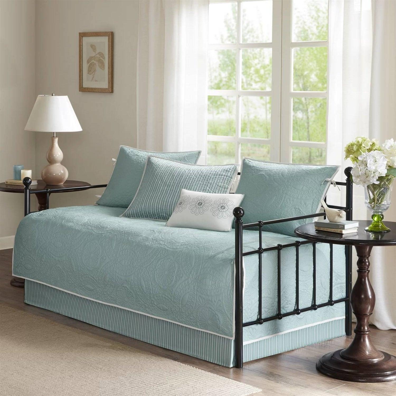 6-Piece Farmhouse Quilted Seafoam Blue Green Teal Reversible Daybed Cover Set - PRHOMZ