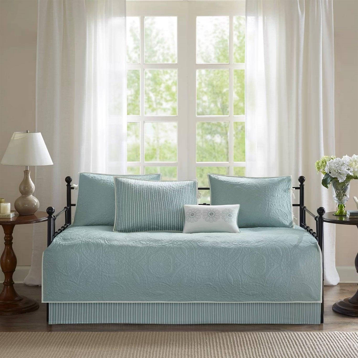 6-Piece Farmhouse Quilted Seafoam Blue Green Teal Reversible Daybed Cover Set - PRHOMZ