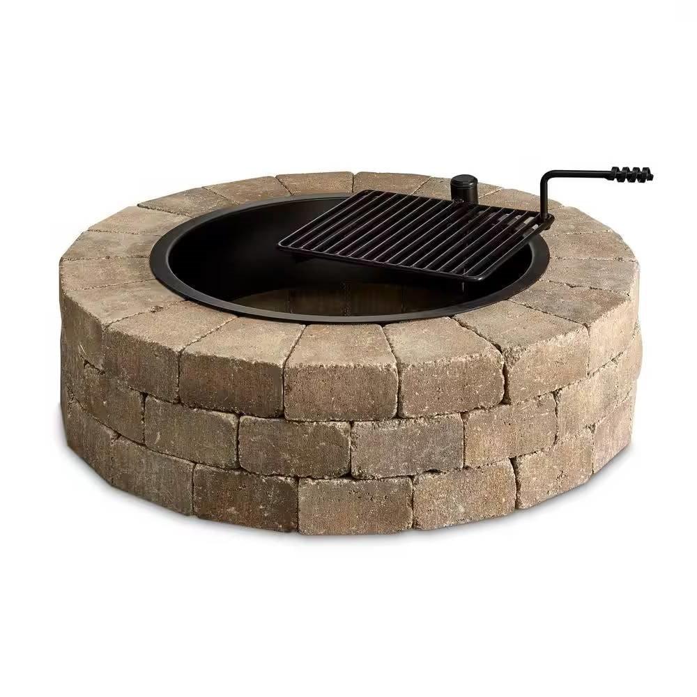 48-in Outdoor Round Concrete Block Stone Fire Pit Kit with Cooking Grill Grate - PRHOMZ
