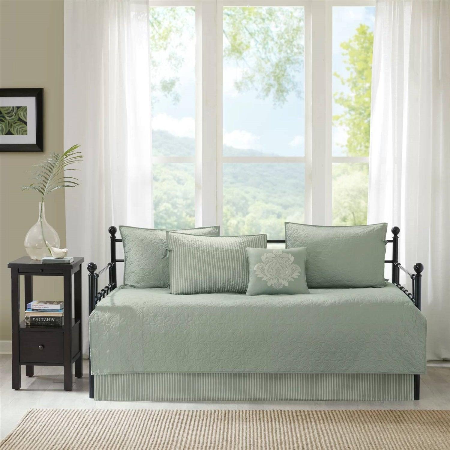 6-Piece Country Cottage Quilted Seafoam Green Reversible Daybed Cover Set - PRHOMZ