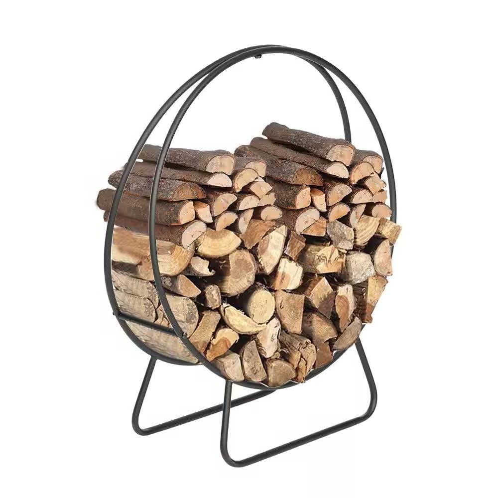 Indoor/Outdoor 2-ft. Round Black Powder-Coated Steel Firewood Log Rack - PRHOMZ
