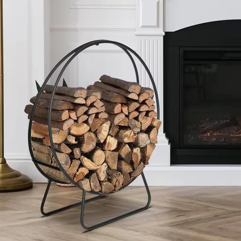 Indoor/Outdoor 2-ft. Round Black Powder-Coated Steel Firewood Log Rack - PRHOMZ