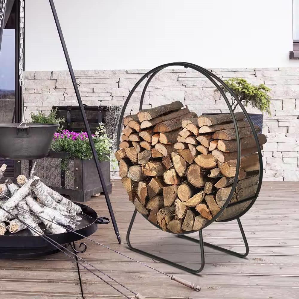 Indoor/Outdoor 2-ft. Round Black Powder-Coated Steel Firewood Log Rack - PRHOMZ