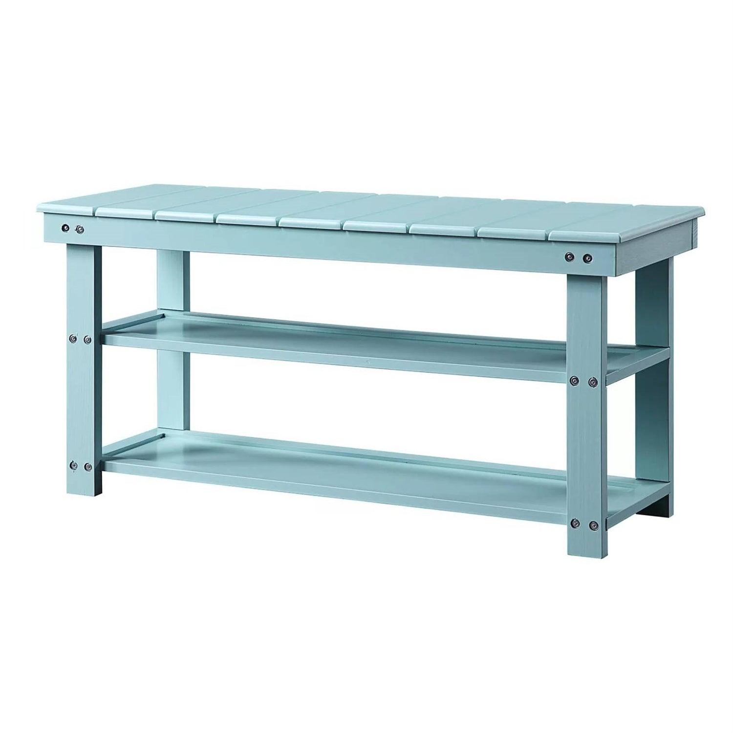 Sea Foam Aqua Blue Wood 2-Shelf Shoe Rack Storage Bench for Entryway or Closet - PRHOMZ