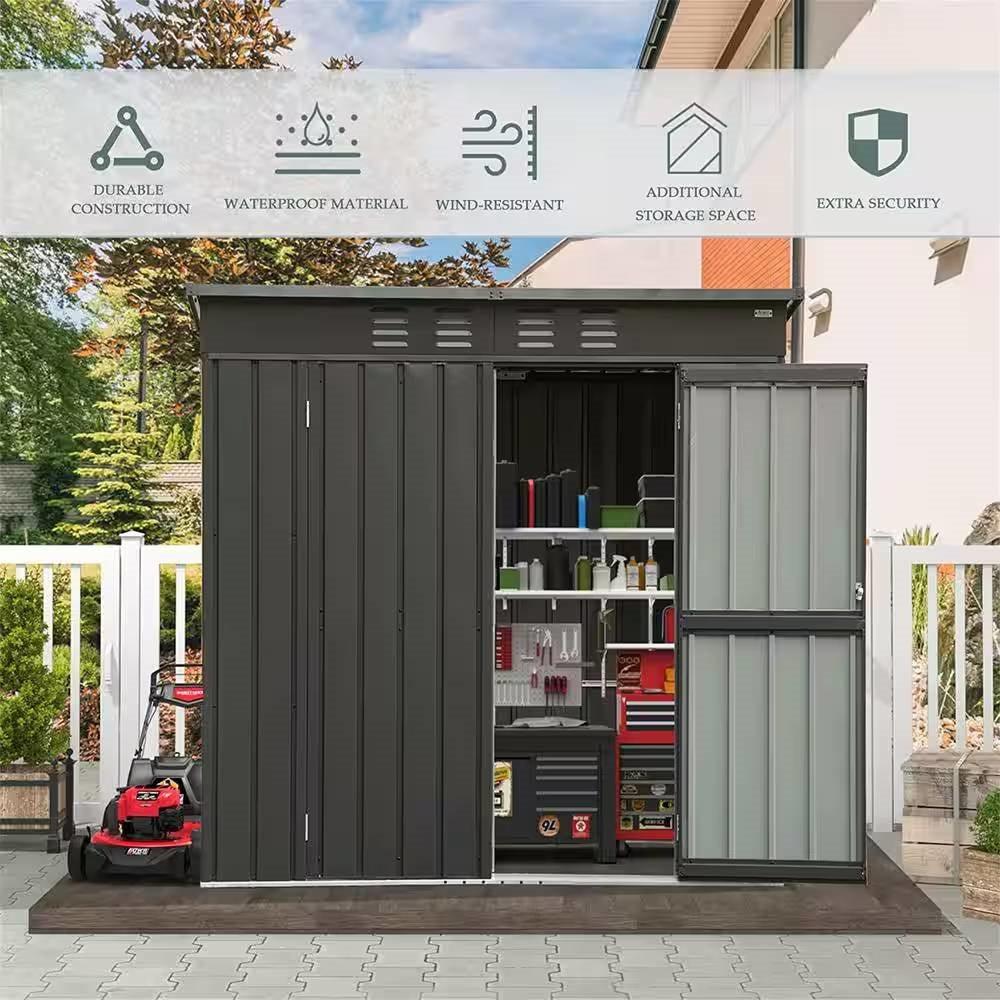 Outdoor Black Galvanized Steel Metal Storage Shed - 6ft. x 4 ft. - PRHOMZ